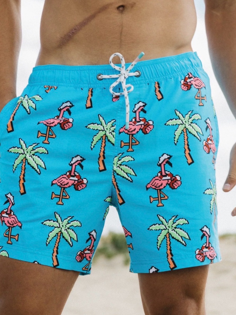 Party Pants Bright Aqua Flamingo & Palm Print Swim Trunks